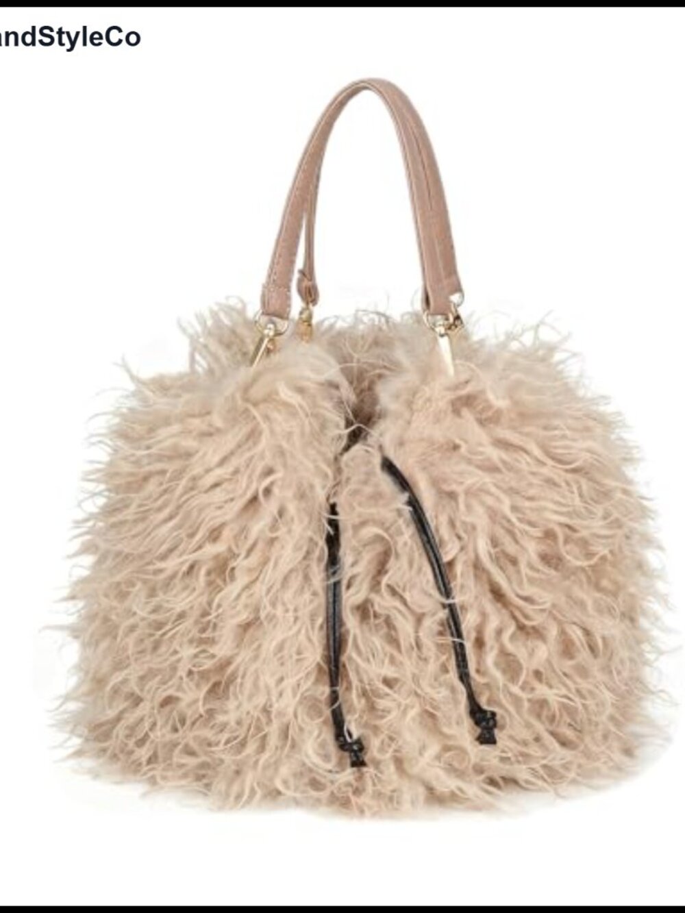 Faux Fur Mongolian Drawstring Bucket Tote Handbag
